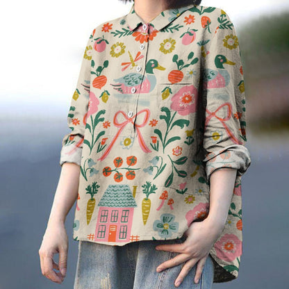 Women's Flowers Print Casual Cotton And Linen Shirt