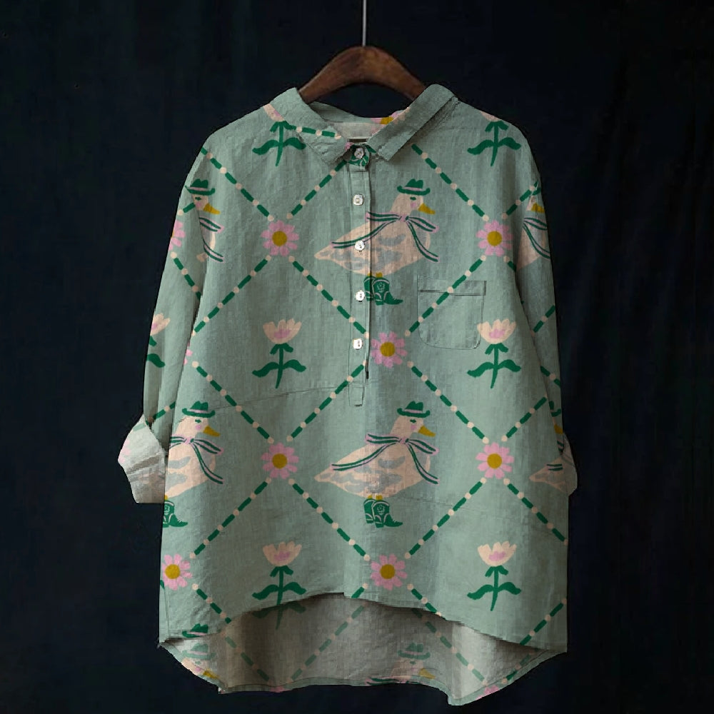 Women's Roses And Duck Print Casual Cotton And Linen Shirt