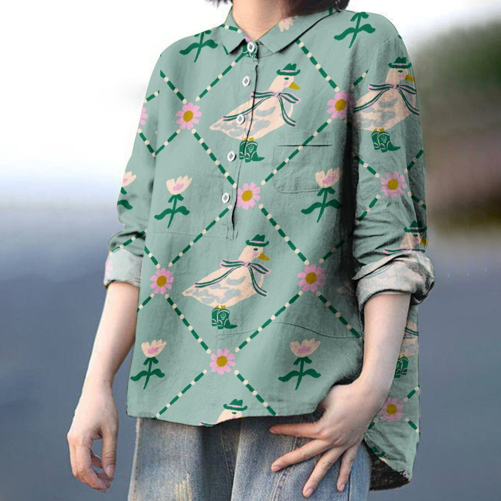 Women's Roses And Duck Print Casual Cotton And Linen Shirt