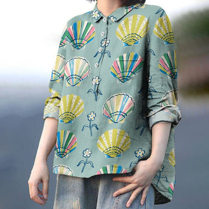 Women's Colorful Shells Print Casual Cotton And Linen Shirt