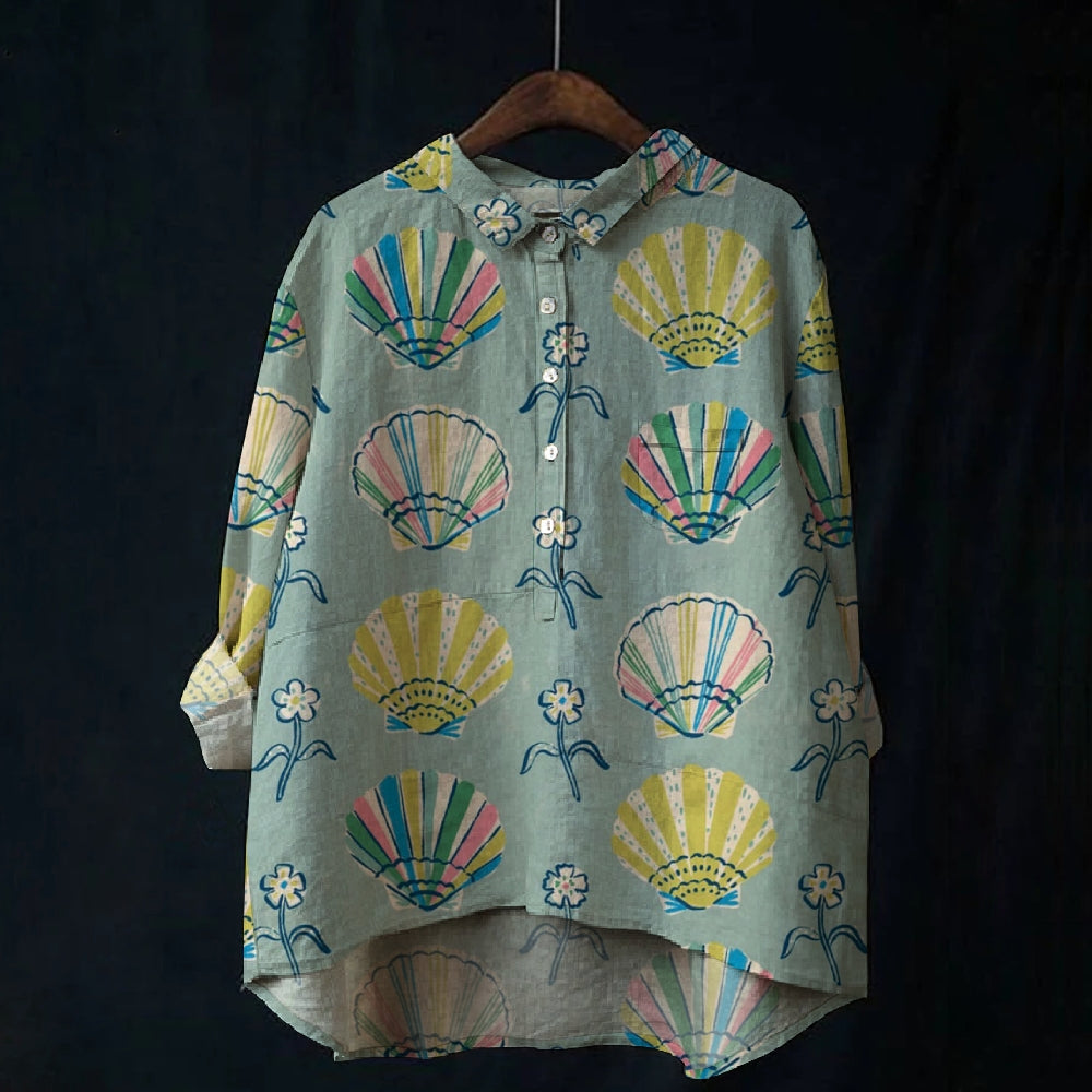 Women's Colorful Shells Print Casual Cotton And Linen Shirt