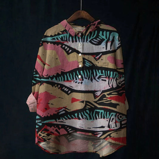 Women's Fish Art Print Casual Cotton And Linen Shirt