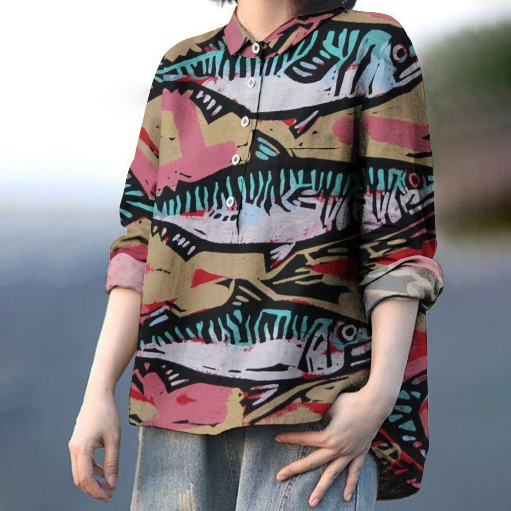 Women's Fish Art Print Casual Cotton And Linen Shirt