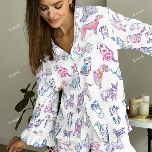 Women's Vintage Colorful Cartoon Dog Printed Linen Cotton Suit