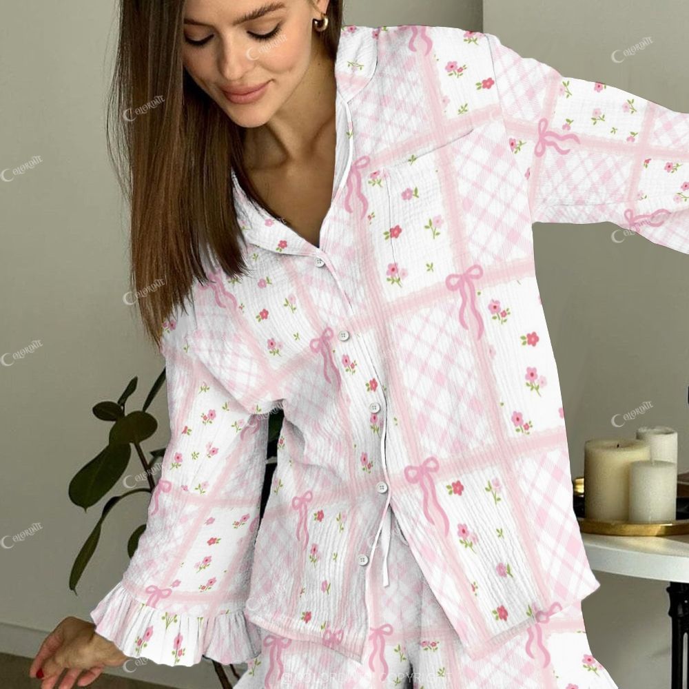 Women's Pink Plaid Flower Colorblock Bow Printed Linen Cotton Suit
