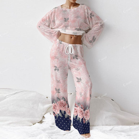 Women's Retro Flower Gradient Colorblock Polka Dot Long Sleeve Cotton Homewear Set