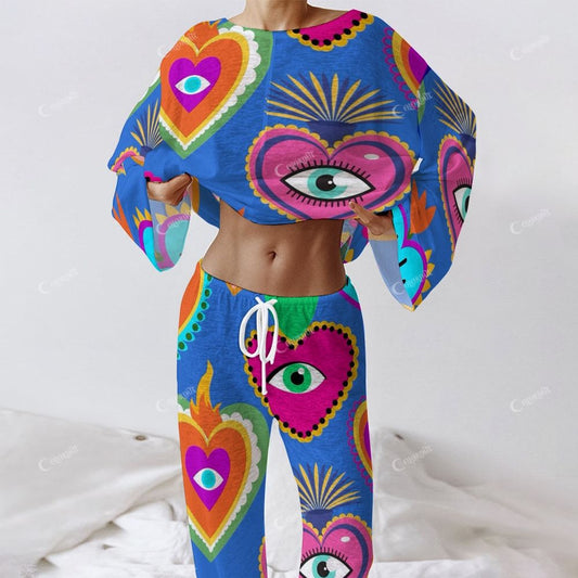 Colordate Women's Eyes And Love Print Long Sleeve Cotton Homewear Set