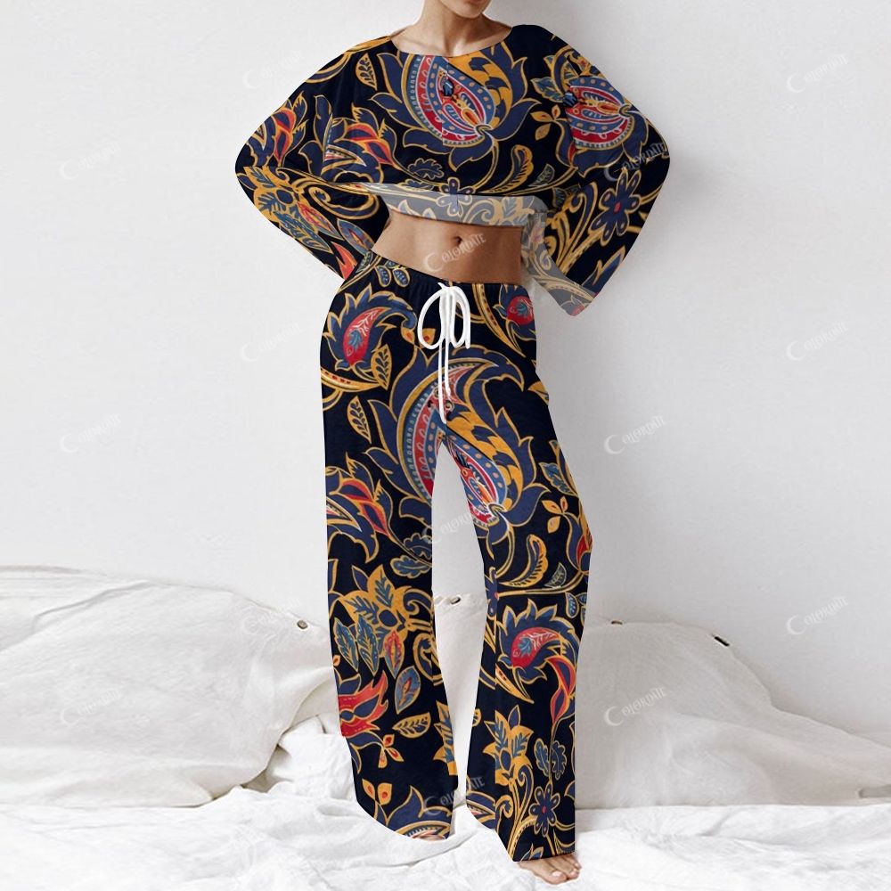 Colordate Women's Cashew Nut Pattern Print Long Sleeve Cotton Homewear Set