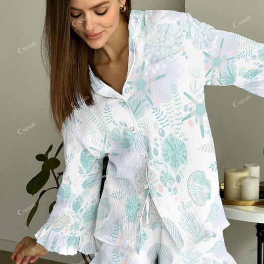 Colordate Women's Blue Starfish Shell Vintage Printed Linen Cotton Suit