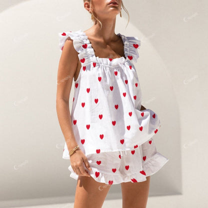 Colordate Heart Print Short Tank Top Shorts Pajama Set