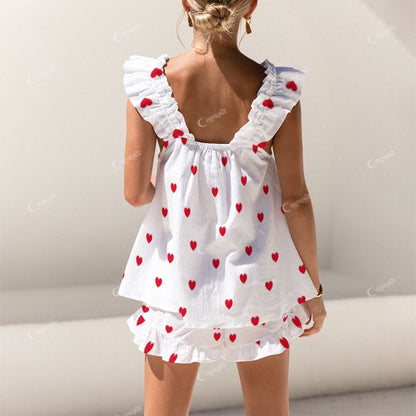 Colordate Heart Print Short Tank Top Shorts Pajama Set