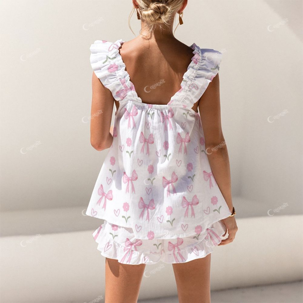 Colordate Pink Bows And Flower Prints Short Tank Top Shorts Pajama Set