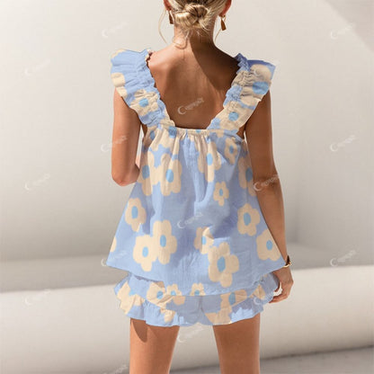 Colordate Yellow Floral Print Short Tank Top Shorts Pajama Set