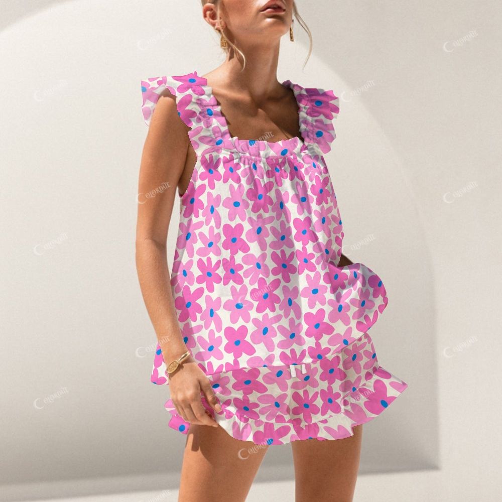 Colordate Pink Flower Print Short Tank Top Shorts Pajama Set