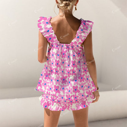 Colordate Pink Flower Print Short Tank Top Shorts Pajama Set