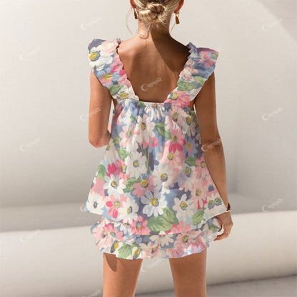 Short Tank Top Shorts Colorful FLower Art Pajama Set