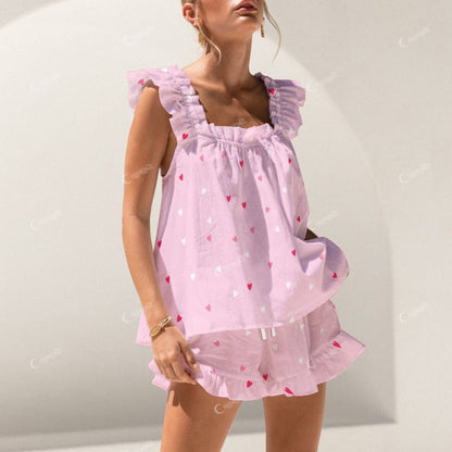 Colordate Pink And White Heart Prints Short Tank Top Shorts Pajama Set