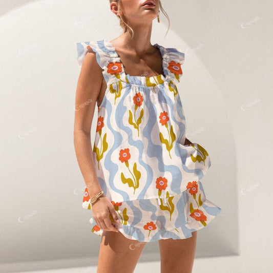 Short Tank Top Shorts Colorblock Flower Pajama Set