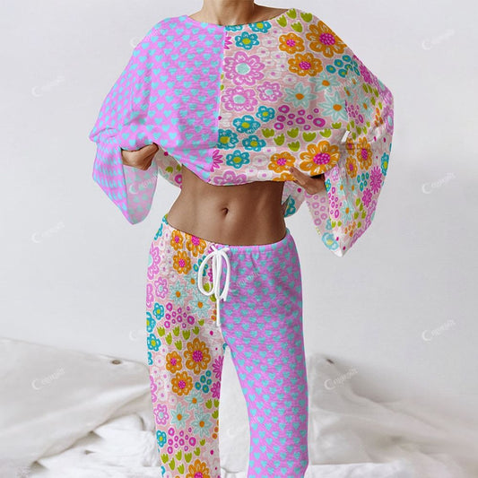Colordate Women's Floral And Heart-Shaped Patchwork Prints Long Sleeve Cotton Homewear Set