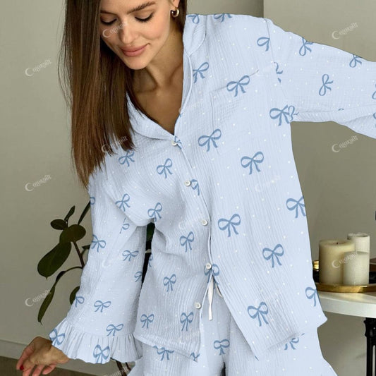 Colordate Women's Blue Bow Vintage Printed Linen Cotton Suit