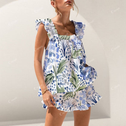 Short Tank Top Shorts Blue Flower Ink Art Pajama Set