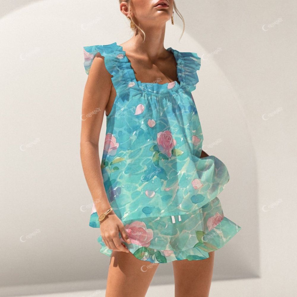 Short Tank Top Shorts Blue Ocean Flower Art Pajama Set
