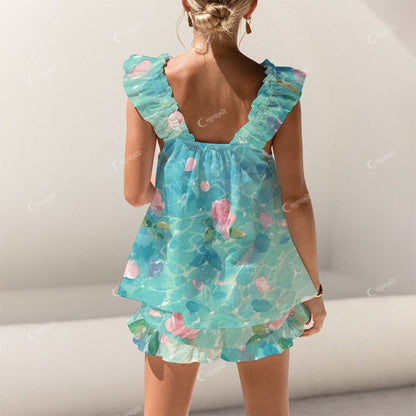 Short Tank Top Shorts Blue Ocean Flower Art Pajama Set