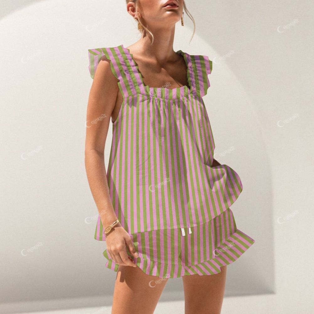 Colordate Pink And Green Striped Print Short Tank Top Shorts Pajama Set