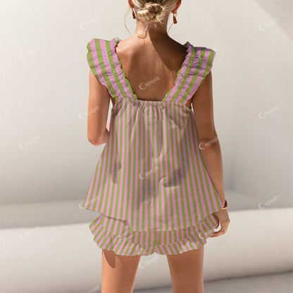 Colordate Pink And Green Striped Print Short Tank Top Shorts Pajama Set