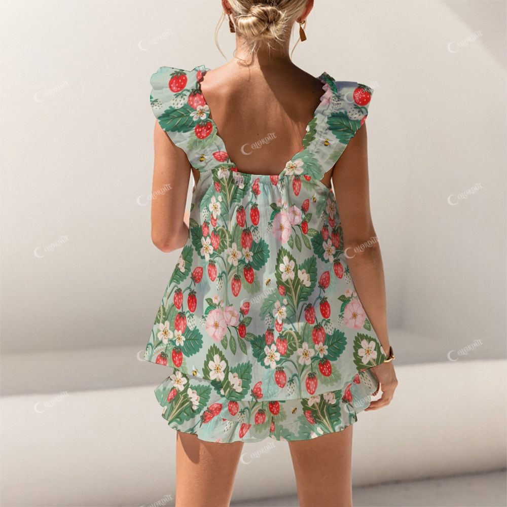 Short Tank Top Shorts Green Flower Strawberry Pajama Set