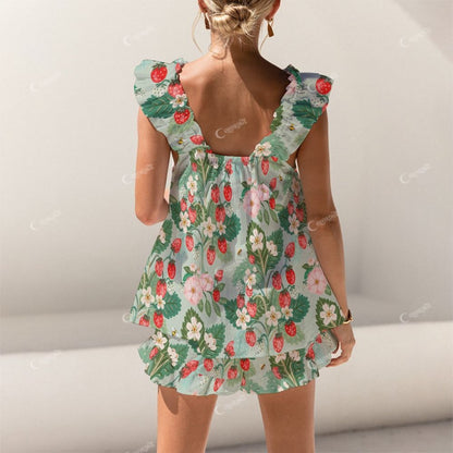 Short Tank Top Shorts Green Flower Strawberry Pajama Set