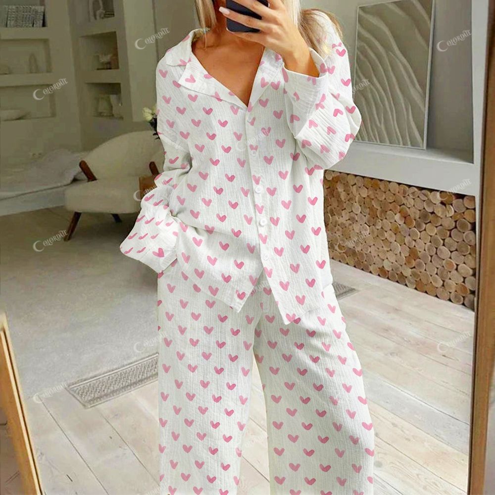 Colordate Sweetheart Dreams Women's Pink Heart Print Cotton Cardigan Homewear Set