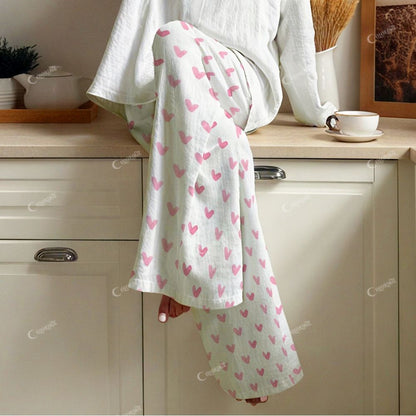 Colordate Sweetheart Dreams Women's Pink Heart Print Cotton Cardigan Homewear Set