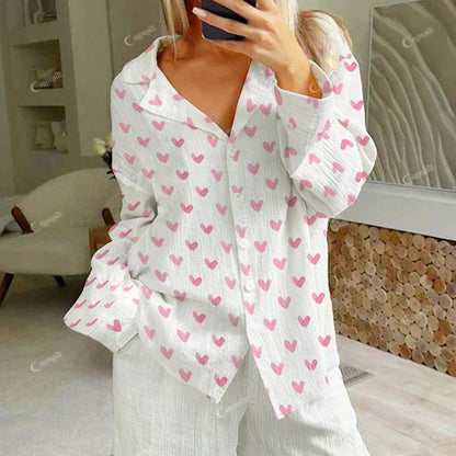 Colordate Sweetheart Dreams Women's Pink Heart Print Cotton Cardigan Homewear Set