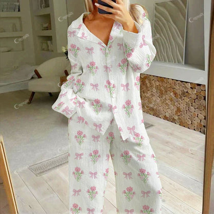 Colordate Love Whisper Women's Bows And Flowers Print Cotton Cardigan Homewear Set
