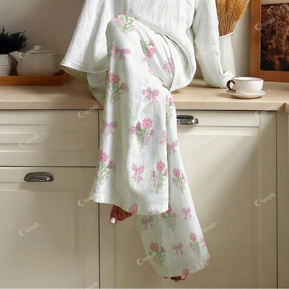 Colordate Love Whisper Women's Bows And Flowers Print Cotton Cardigan Homewear Set