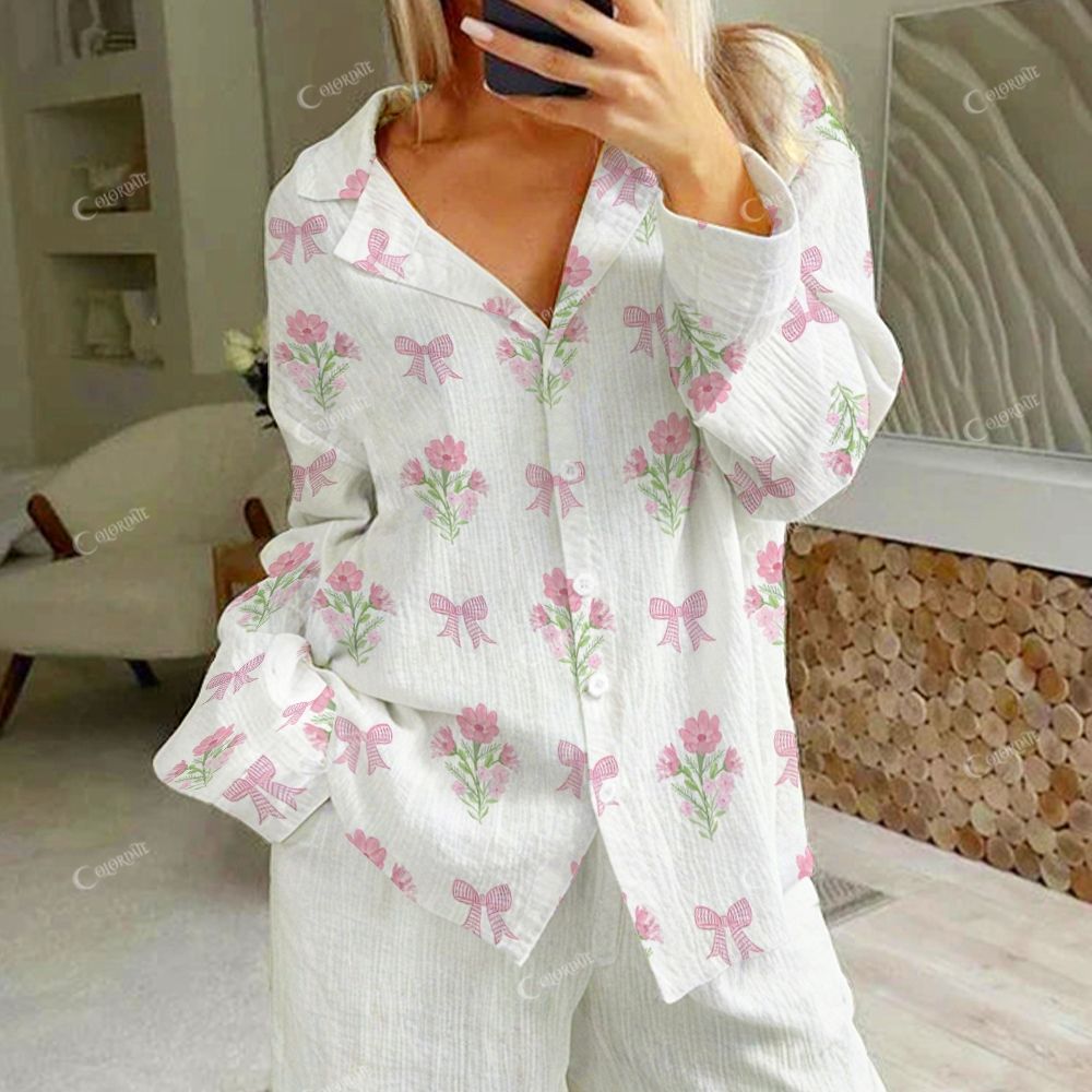 Colordate Love Whisper Women's Bows And Flowers Print Cotton Cardigan Homewear Set