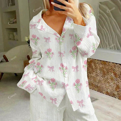 Colordate Love Whisper Women's Bows And Flowers Print Cotton Cardigan Homewear Set