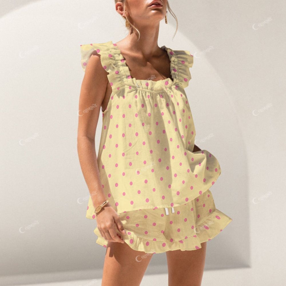 Colordate Pink Polka Dot Print Short Tank Top Shorts Pajama Set