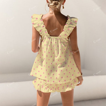 Colordate Pink Polka Dot Print Short Tank Top Shorts Pajama Set