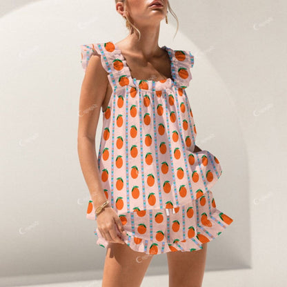 Colordate Orange Print Short Tank Top Shorts Pajama Set