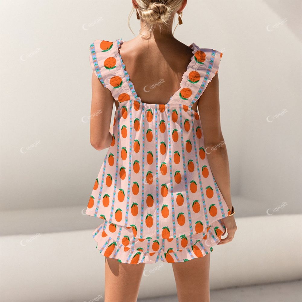 Colordate Orange Print Short Tank Top Shorts Pajama Set