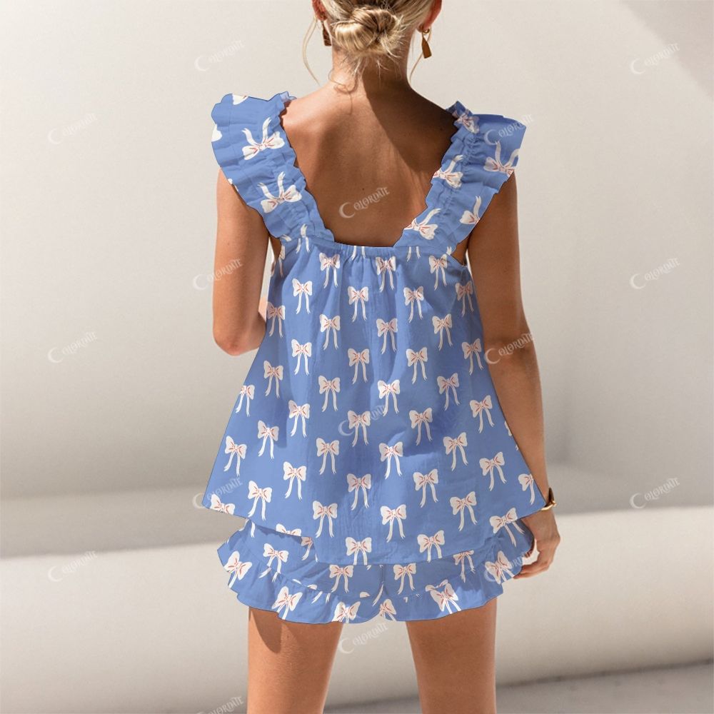 Colordate Bow Knot Print Short Tank Top Shorts Pajama Set
