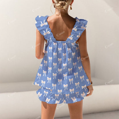 Colordate Bow Knot Print Short Tank Top Shorts Pajama Set