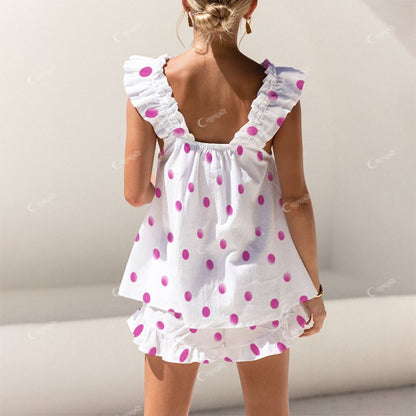Colordate Pink Polka Dot Print Short Tank Top Shorts Pajama Set