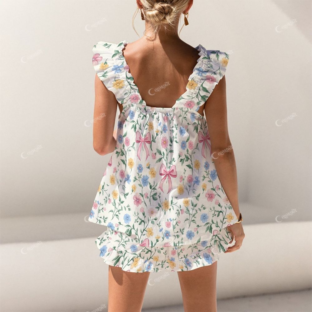 Colordate Bows And Flower Prints Short Tank Top Shorts Pajama Set