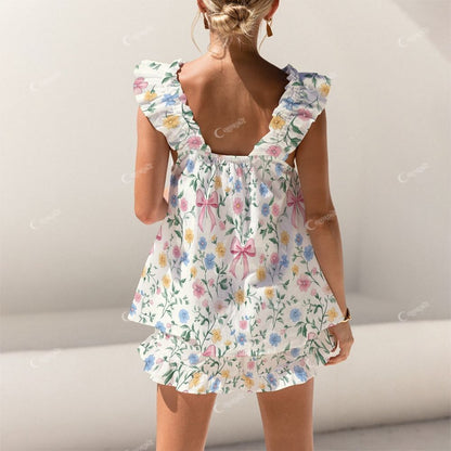 Colordate Bows And Flower Prints Short Tank Top Shorts Pajama Set