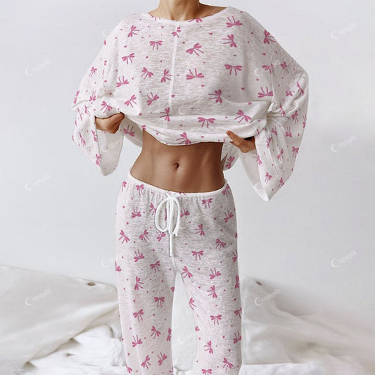 Colordate Women's Pink Bow Print  Long Sleeve Cotton Homewear Set