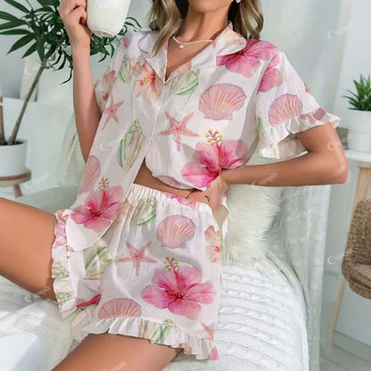 Women's Large Flower Print Cotton Cardigan Homewear Set