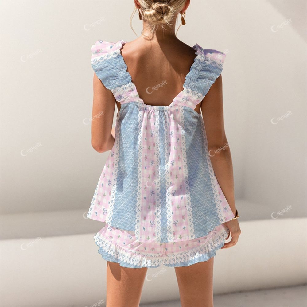 Colordate Patchwork Pattern Print Short Tank Top Shorts Pajama Set